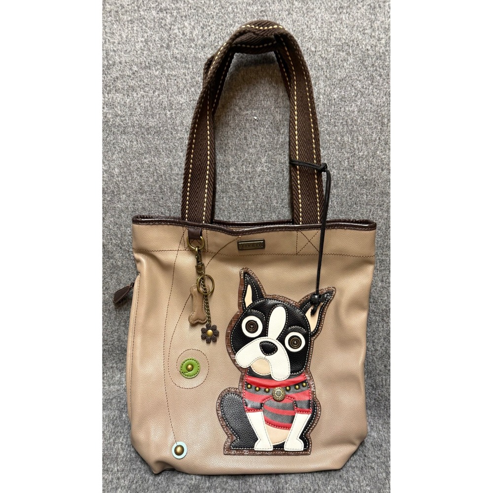 Chala Boston Terrier Tall Tote Bag Tan Brown Faux Leather Dog Applique Handbag